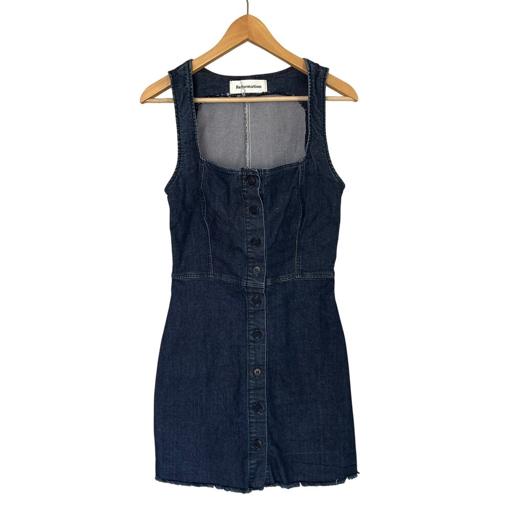 REFORMATION Lars Sleeveless Denim Mini dress Blue Button Front Women's Size 4 - Picture 2 of 11